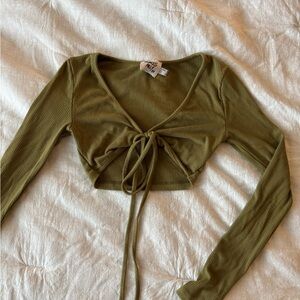 Princess Polly Green Long Sleeve Crop Top with V-Neckline and Tie Front